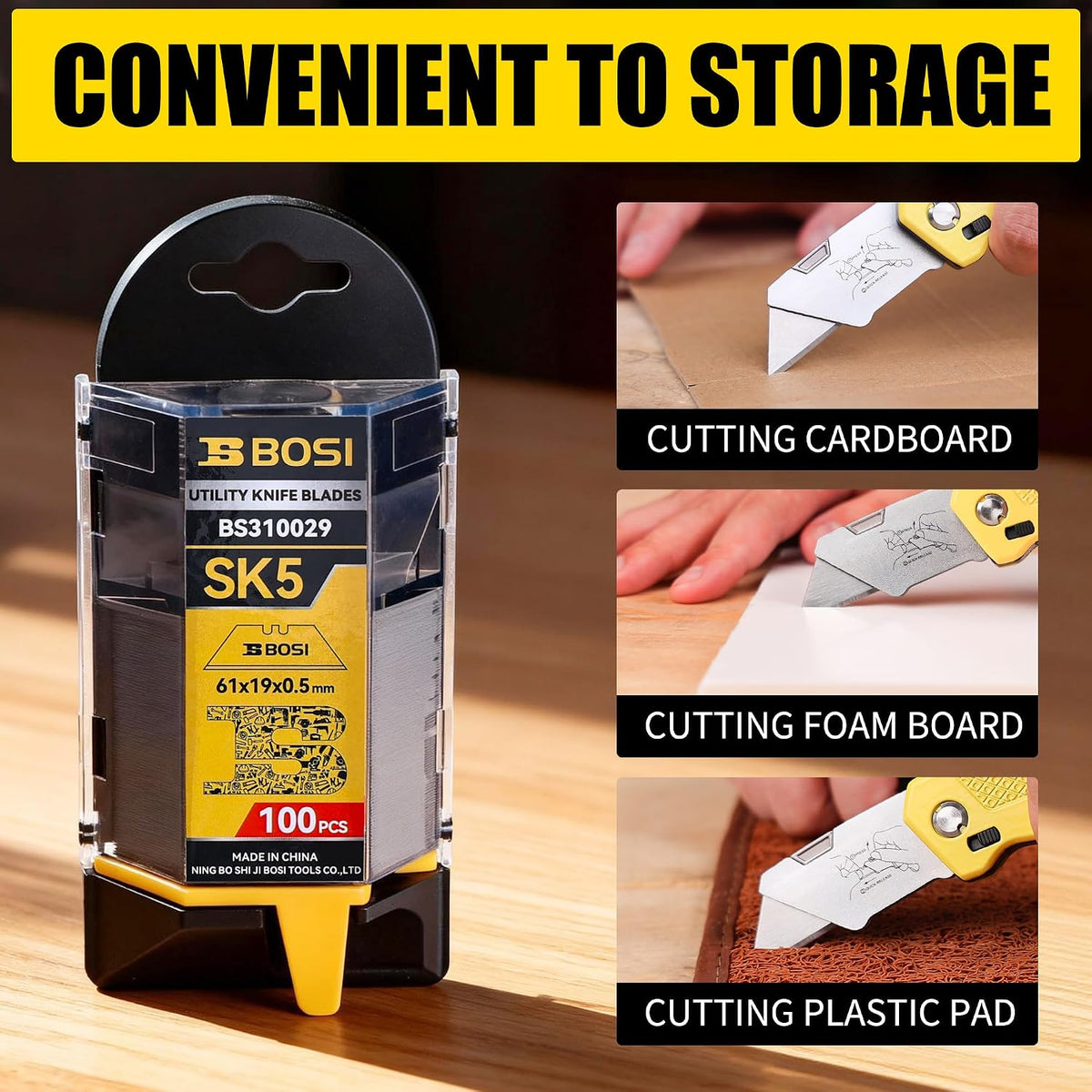 Utility Knife Blades, SK5 Steel Box Cutter Blades with Dispenser, 100-Pack