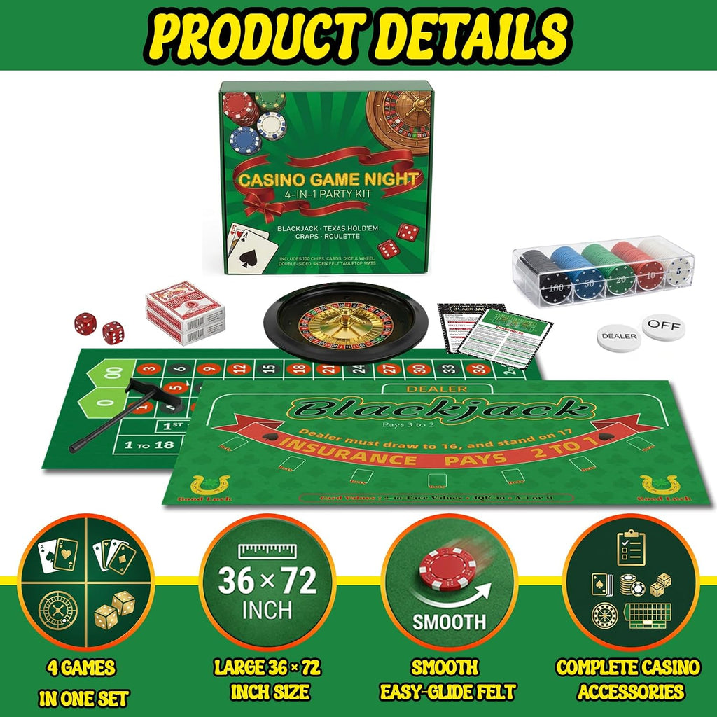 Casino Night 4-in-1 Complete Game Set with 2 Double-Sided Felt Layout Mats (36"x72"), 10" Roulette Wheel, 200 Chips