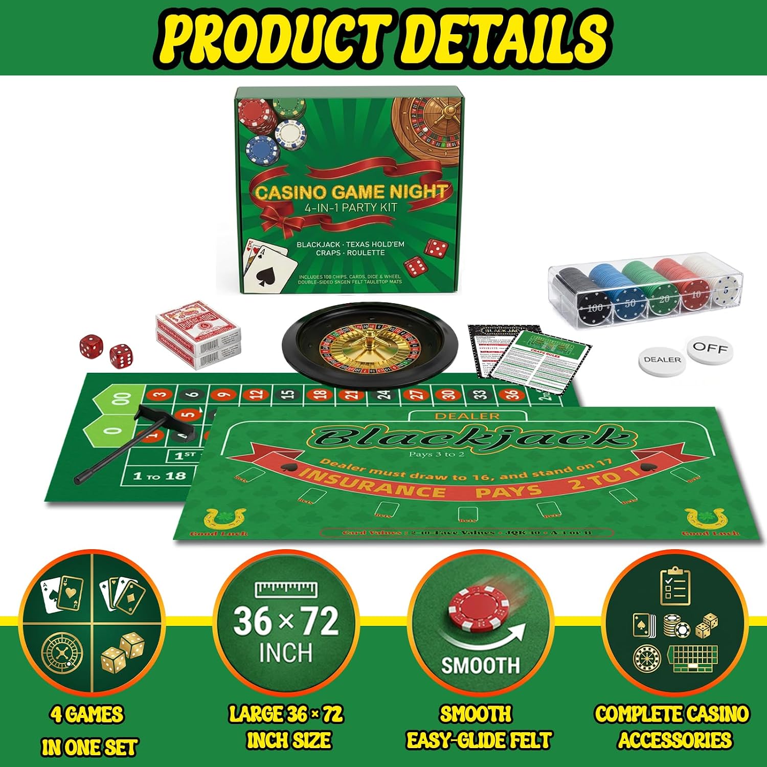 Casino Night 4-in-1 Complete Game Set with 2 Double-Sided Felt Layout Mats (36"x72"), 10" Roulette Wheel, 200 Chips