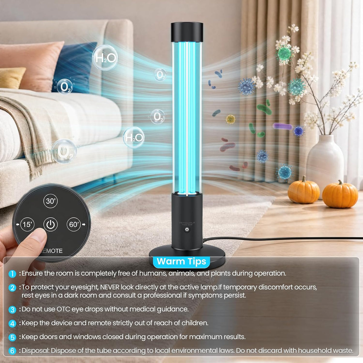 UV Sanitizer Light, 60W UV Lamp with Motion Sensor, Ultraviolet Light with Magnetic Remote Control, Household