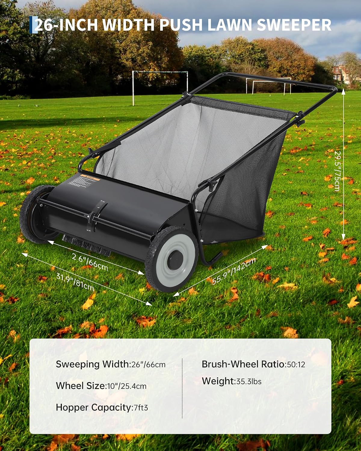 26 Inch Push Lawn Sweeper with 4 Spinning Brushes, 7 Cu.ft Large Capacity Leaf Collector, Adjustable Height Grass