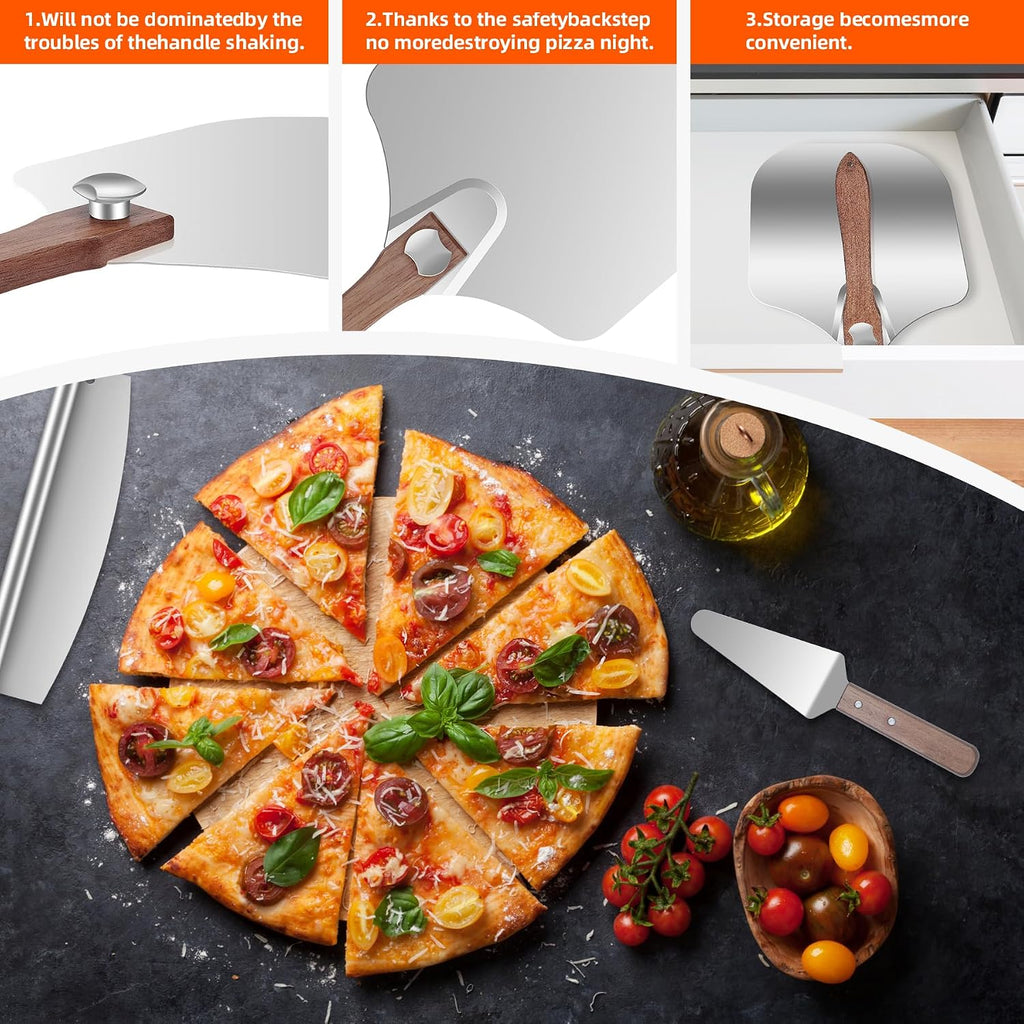 Aluminum Pizza Peel 12x14" With Foldable Wooden Handle - Metal Paddle, Rocker Cutter, and Server for Pizza Oven