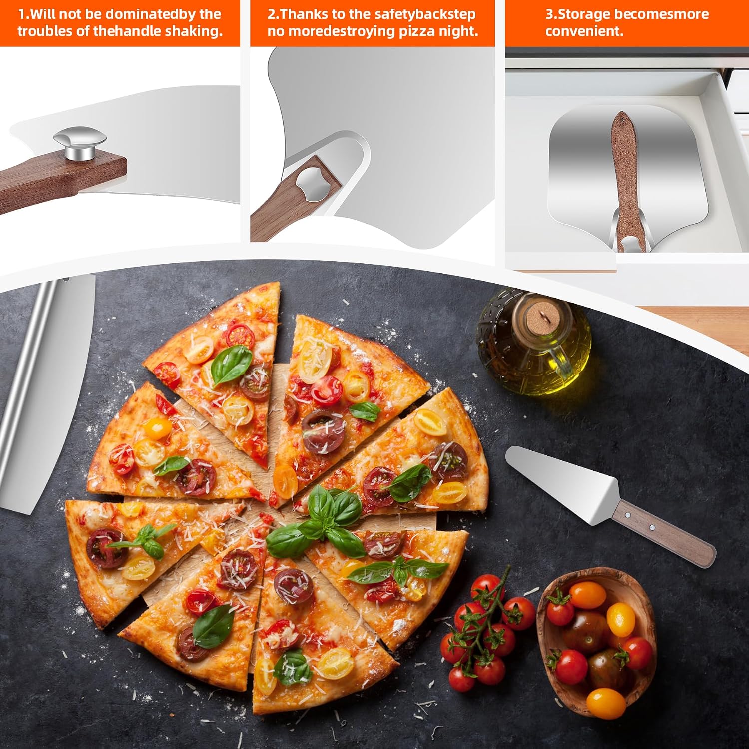 Aluminum Pizza Peel 12x14" With Foldable Wooden Handle - Metal Paddle, Rocker Cutter, and Server for Pizza Oven