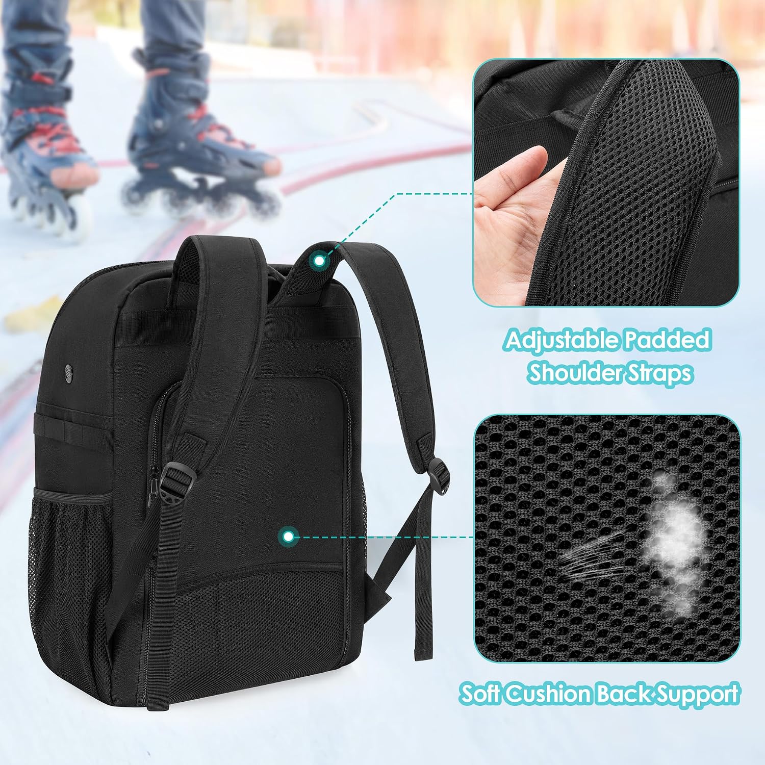 Skate Bag for Women Men, Roller Skate Backpack for Inline Skates | Ice Skate Bag Fits Shoes Up to Us Mens 13, Inline