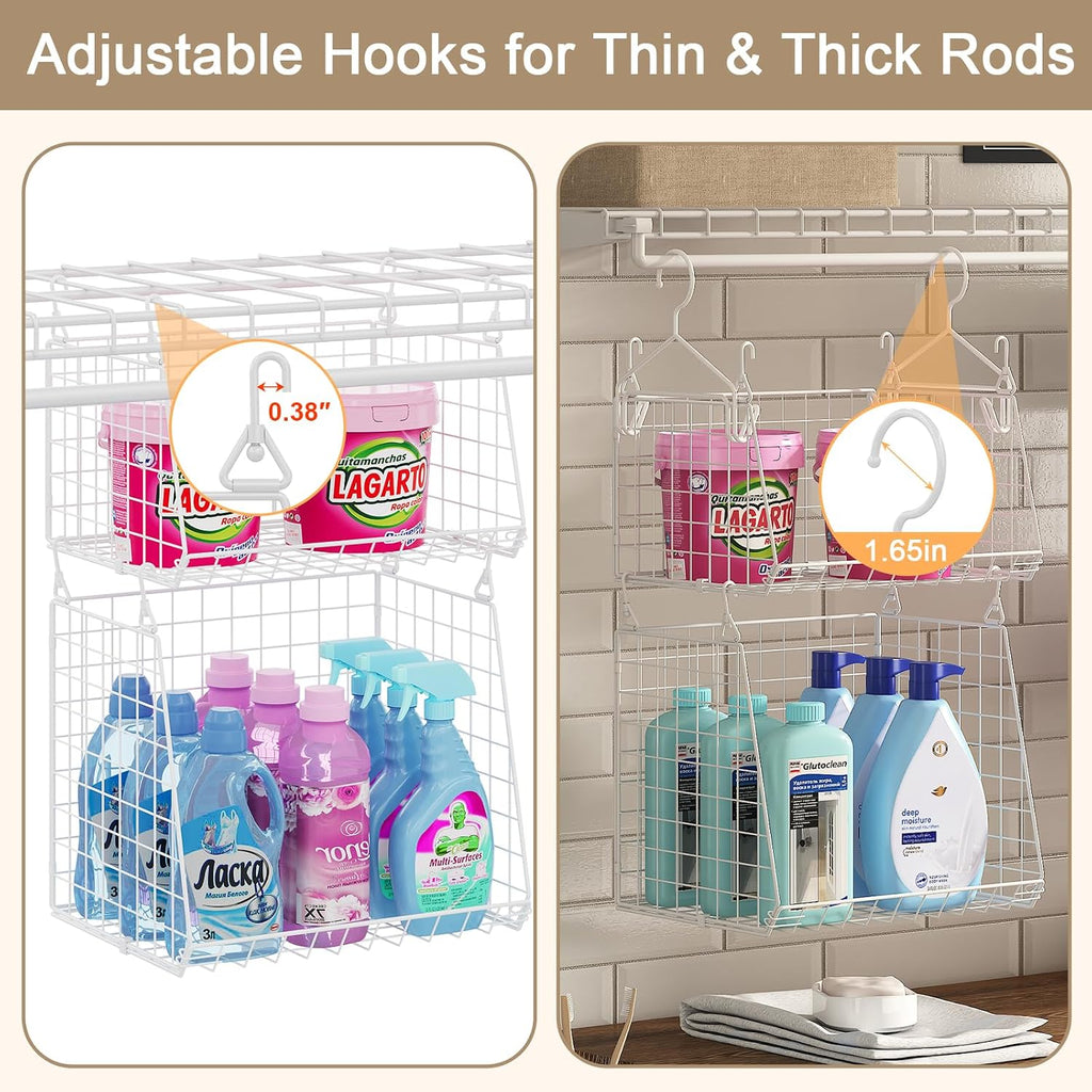 4-Tier Hanging Laundry Room Organizer: Foldable Wire Shelf Basket with 2 Large Hooks 1.65" & 360°Rotating Hooks –