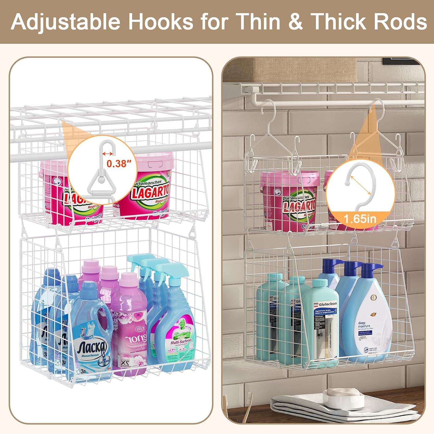 4-Tier Hanging Laundry Room Organizer: Foldable Wire Shelf Basket with 2 Large Hooks 1.65" & 360°Rotating Hooks –