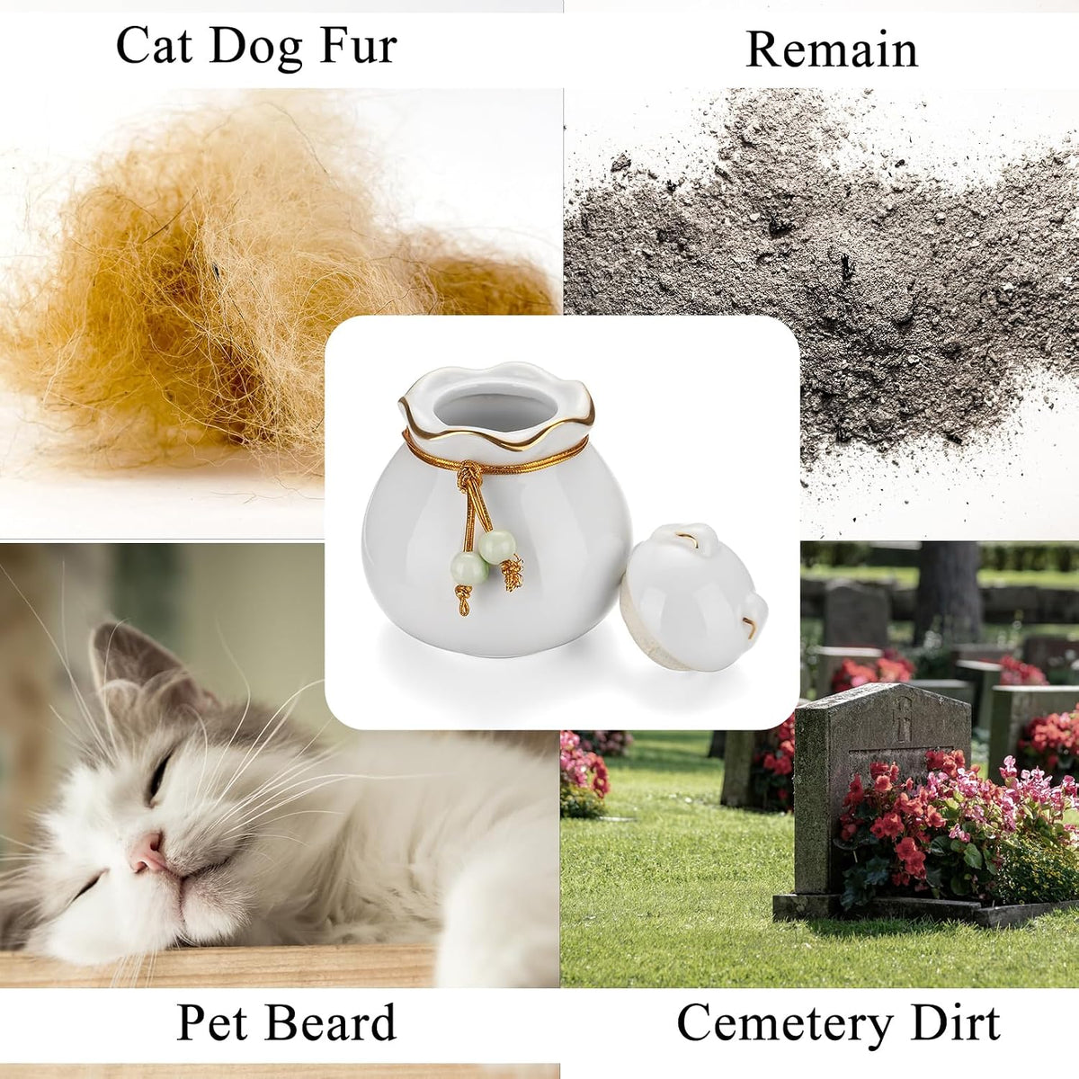 Pet Memorial Urn for Cat or Dog Ashes - 3.54"x3.15" Elegant Ceramic Keepsake Holder with Pet-Shaped Lid & Gold Trim