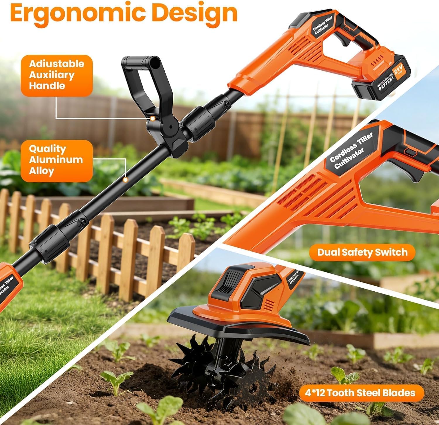 20V Cordlees Tiller Cultivator for Gardening, 400RPM Brushless Electric Garden Tiller Battery Powered((2*3.0Ah