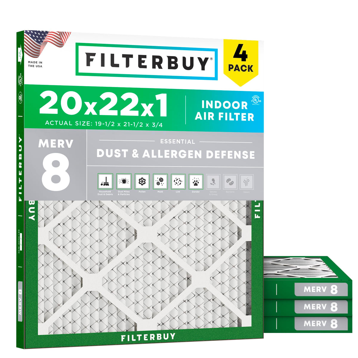 20x22x1 Air Filter MERV 8 Dust & Allergy Defense (4-Pack)