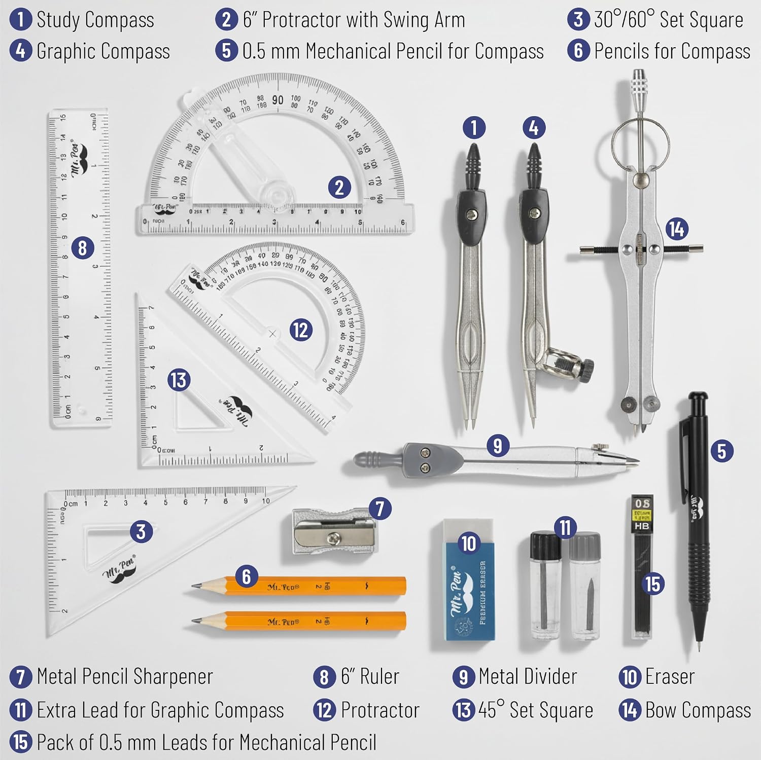 Geometry Set, 15 Piece Set with 6 Inch Swing Arm Protractor | IncludesMetal Divider, Set Squares, Ruler, Compasses