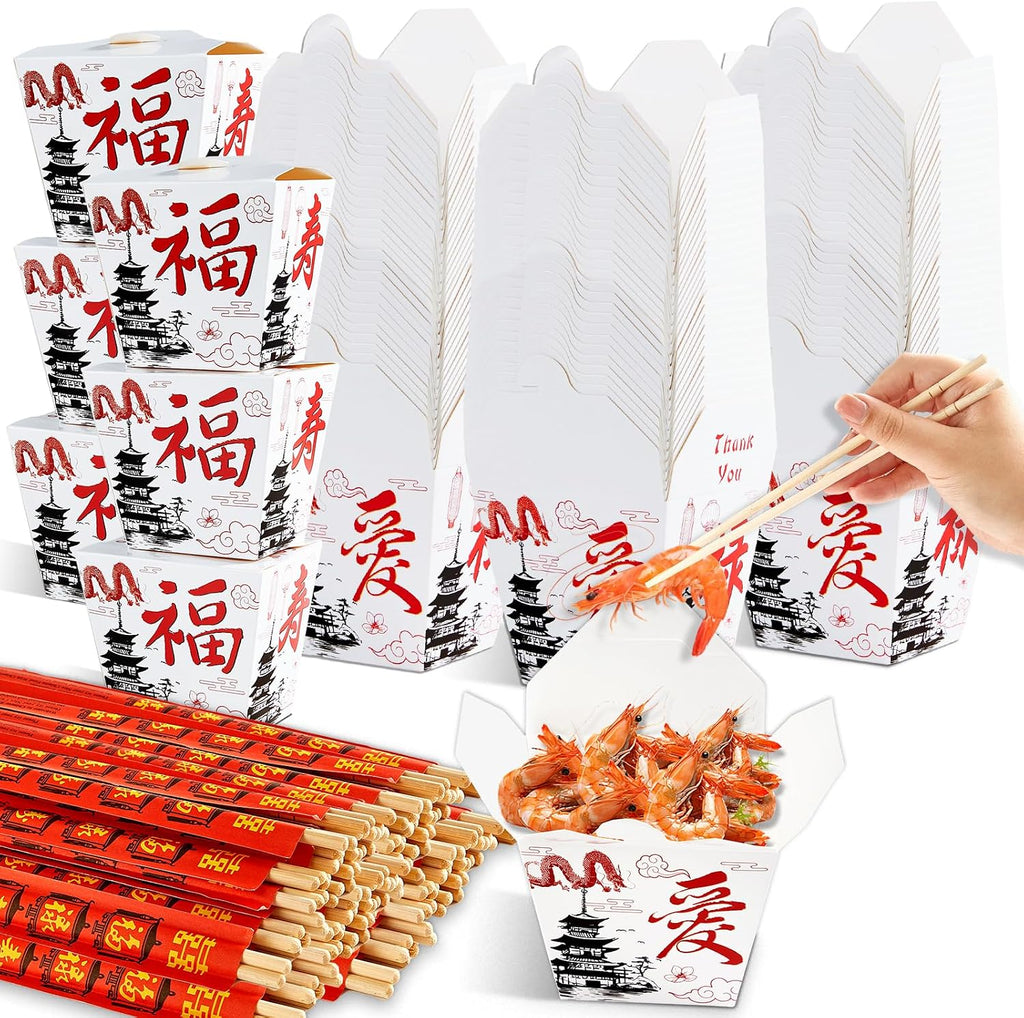 50 Sets White Chinese Take Out Food Boxes with Chopsticks