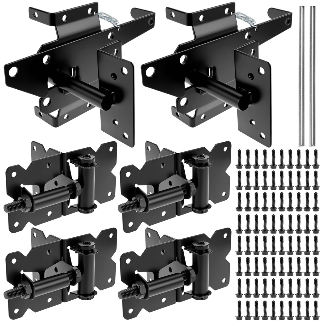 Heavy-Duty Self-Closing Gate Kit - 2 Sets, Hinges and Latch, Gate Hardware Kit, Includes 2 Latches, 4 Hinges