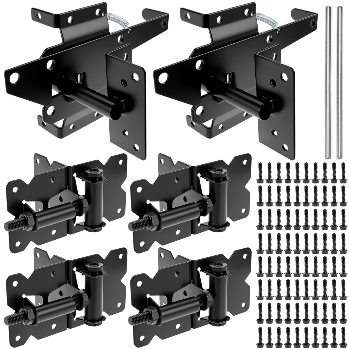 Heavy-Duty Self-Closing Gate Kit - 2 Sets, Hinges and Latch, Gate Hardware Kit, Includes 2 Latches, 4 Hinges
