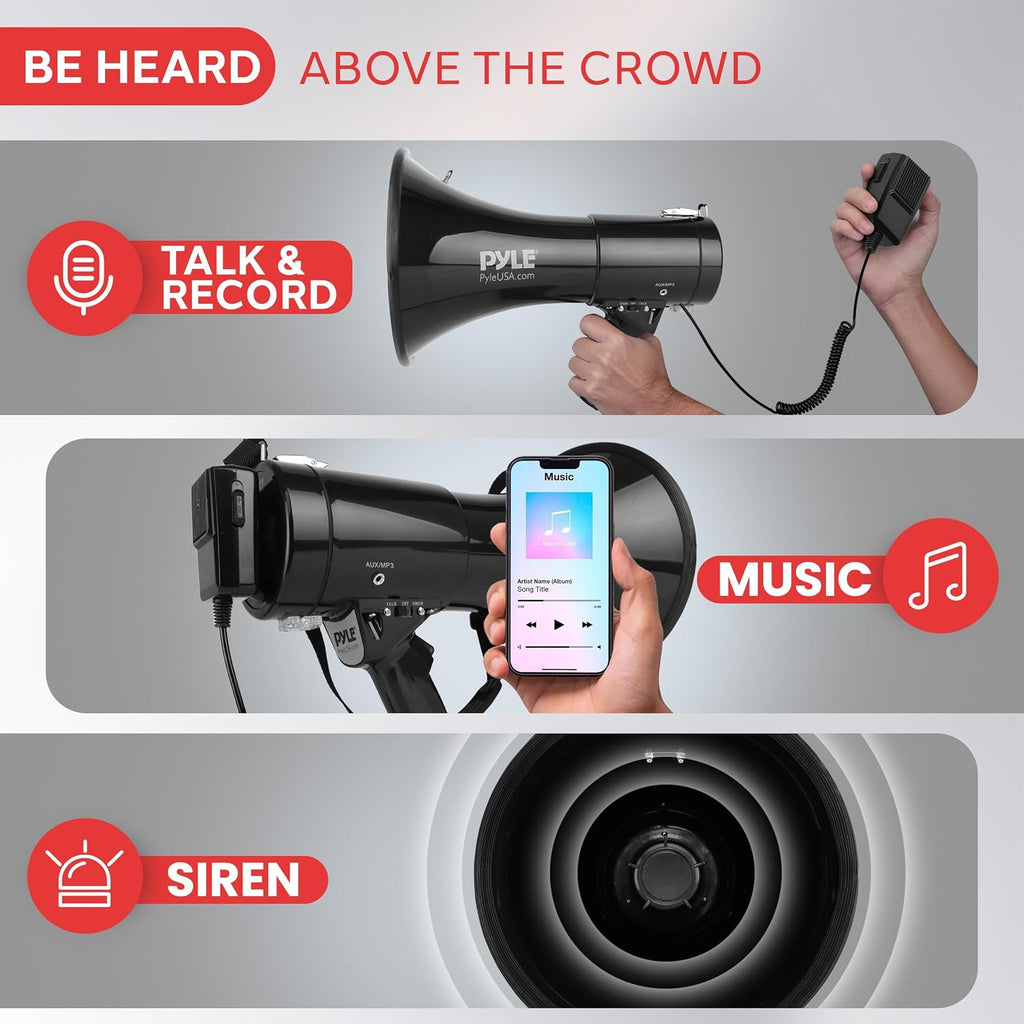 50W Megaphone Speaker PA Bullhorn - Built-in Siren, Adjustable Volume Control, 35mm Aux Input, 1554 Meters Range