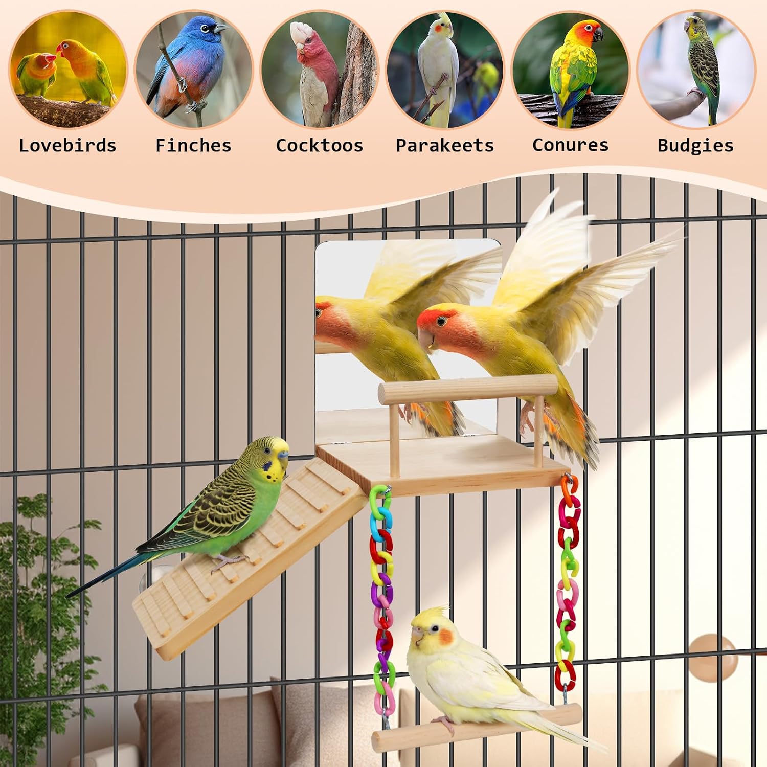 Bird Perches Swing Platform with Bird Mirror Birds Ladder Toys | Climbing Ladder Cage Accessories for Cocktail