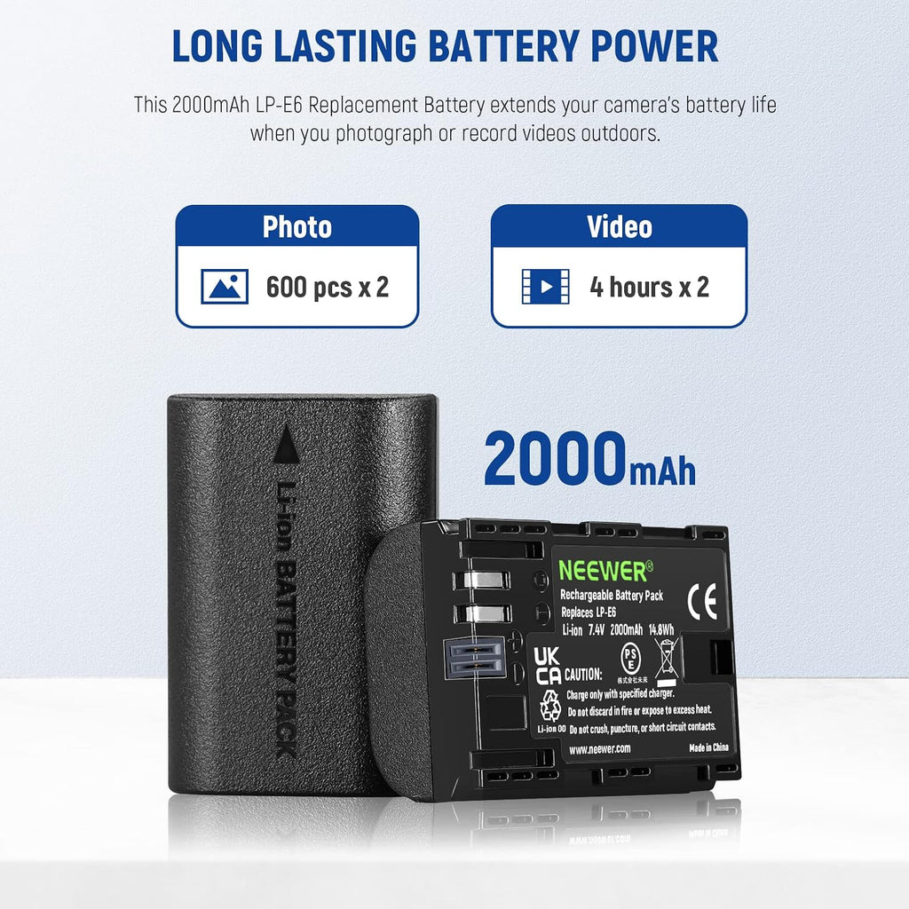 Replacement Battery and Charger Set for LP-E6 LP-E6N, Compatible with Canon 5D Mark II III 5D Mark IV 6D Mark II 7D