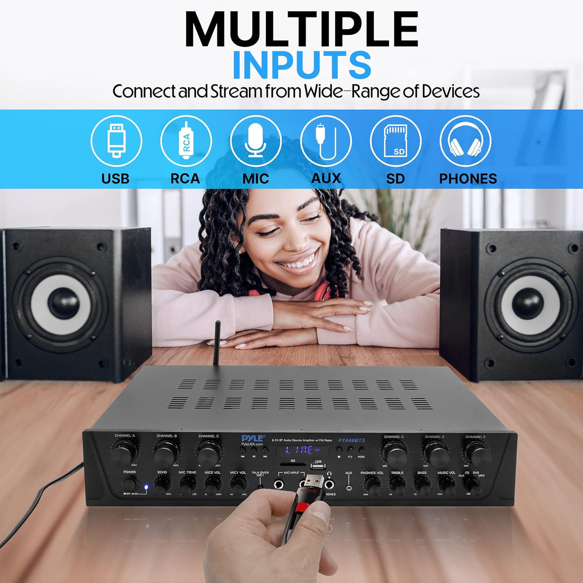 Bluetooth Home Audio Amplifier - 6 Channel Stereo Receiver Amp, 600 Watt Power, Commercial or Karaoke with Mic