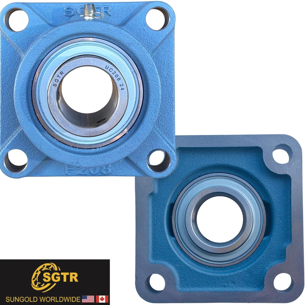 (2 Pack) SGTR Heavy Duty UCF208-24 Square Flange Bearing, 1-1/2 inch Bore, Self-Aligning, Industrial Grade, Chrome Steel and Solid Cast Iron Bearing Units