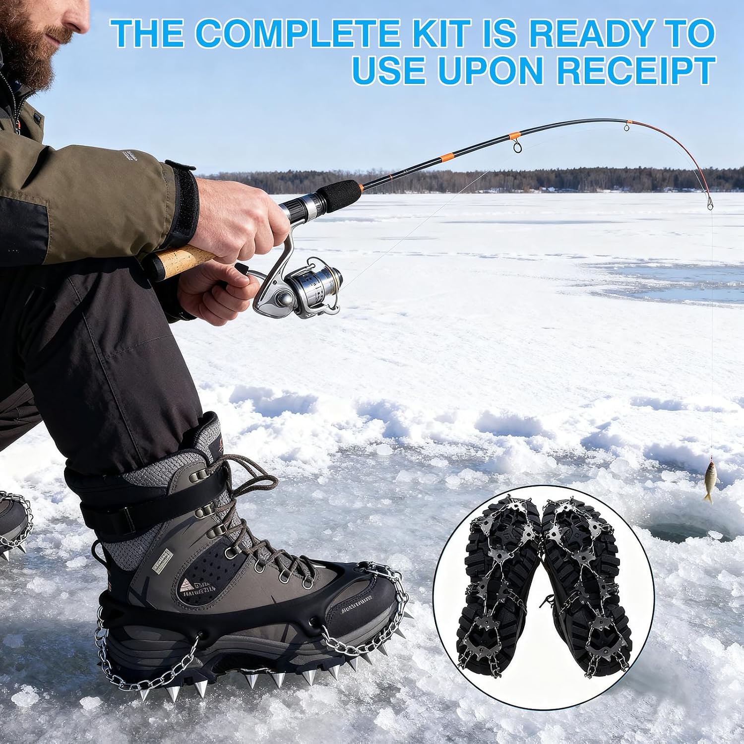 Ice Fishing Rod and Reel Combo Set Carbon Portable Complete Kit | with Tackle Bag Ice Jigs Ice Cleats Spinning Reels
