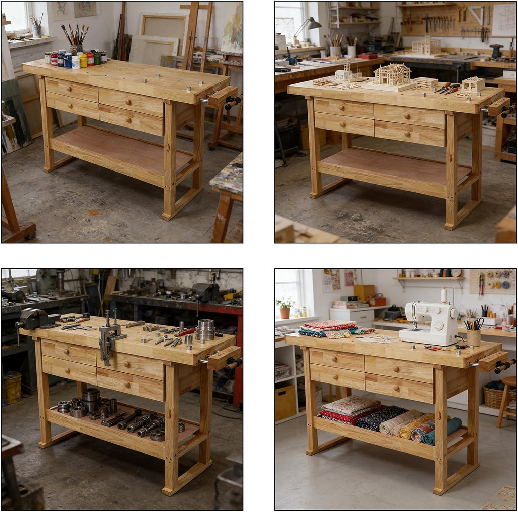 60 Inch Workbench with 4 Drawers & Storage Rack, Rubber Wood Top Work Table for Garage Workshop, Heavy Duty