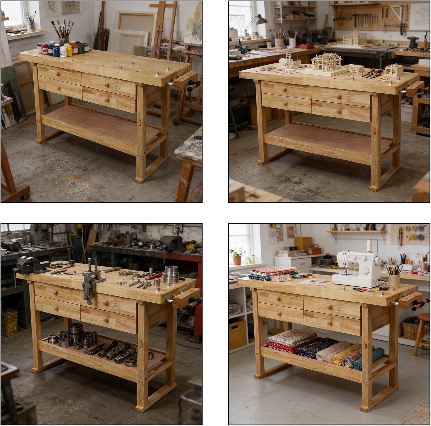 60 Inch Workbench with 4 Drawers & Storage Rack, Rubber Wood Top Work Table for Garage Workshop, Heavy Duty