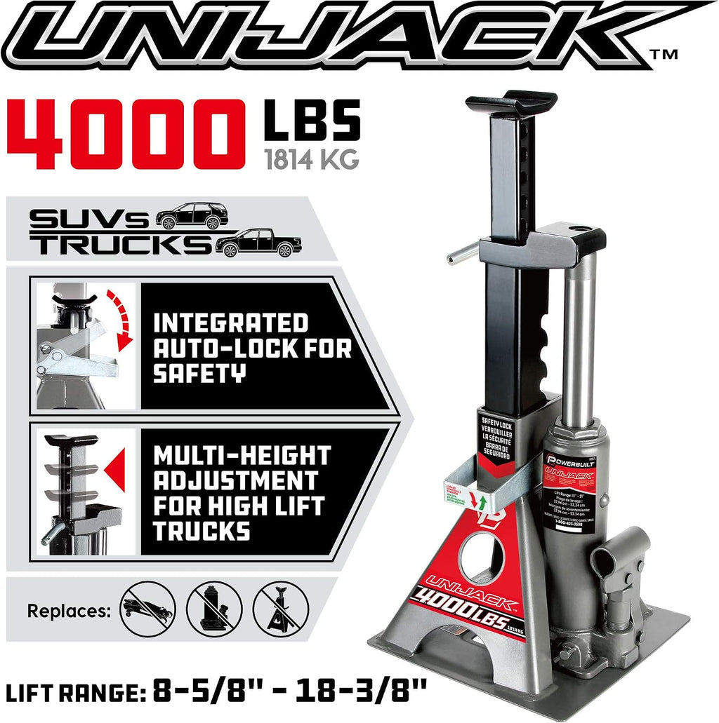 2 Ton UniJack Combination Hydraulic Bottle Jack / Jackstand in 1 Unit, Compact, Portable, Wide Base, for Unibody