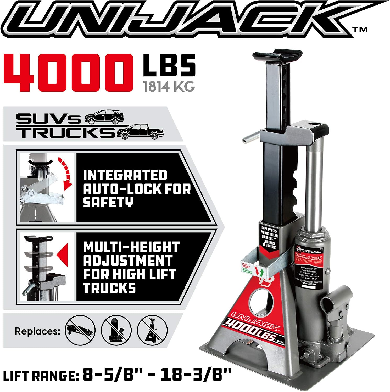 2 Ton UniJack Combination Hydraulic Bottle Jack / Jackstand in 1 Unit, Compact, Portable, Wide Base, for Unibody