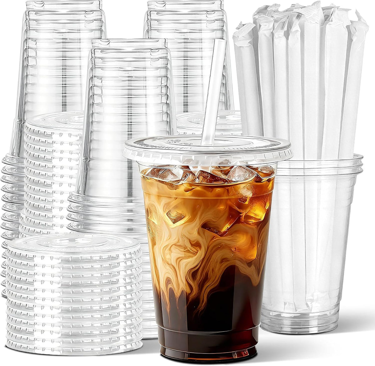 50 Pack 16 oz Clear Plastic Cups with Lids and Straws