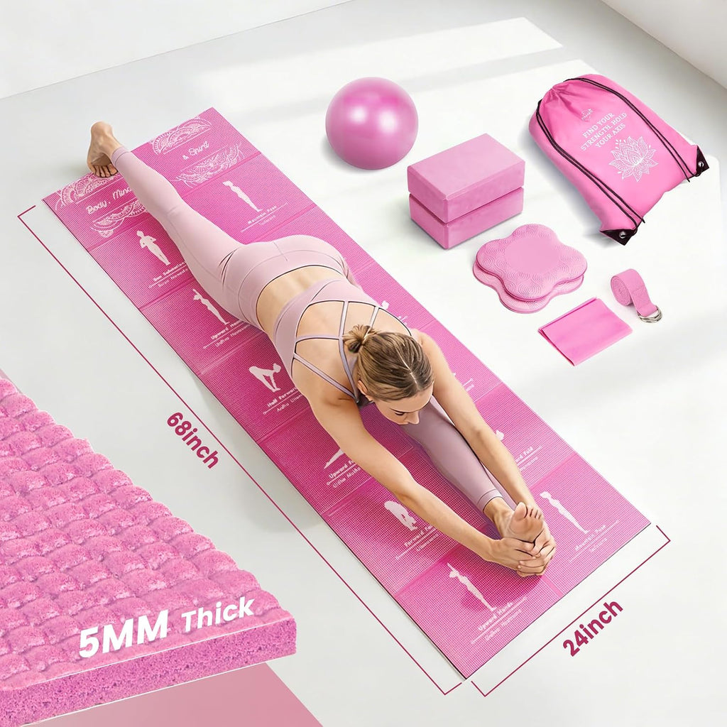 Foldable Yoga Mat and Blocks Set for Women with 2 Pack Yoga Blocks and Strap,Thin Non Slip Pilates Mat with Bag, Home