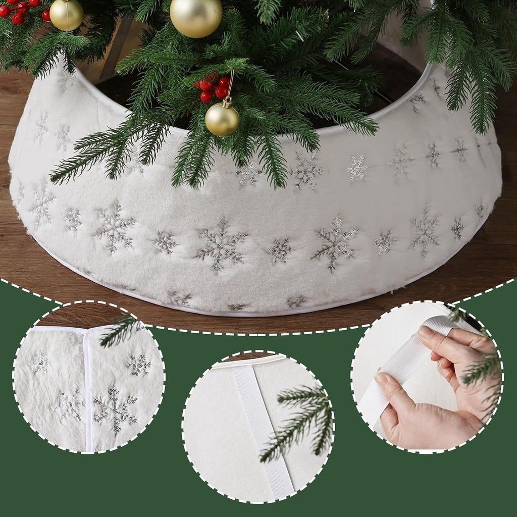 Faux Fur Christmas Tree Collar: Rustic White Luxury Plush Fur Christmas Tree Collars with Sliver Snowflake Sequins