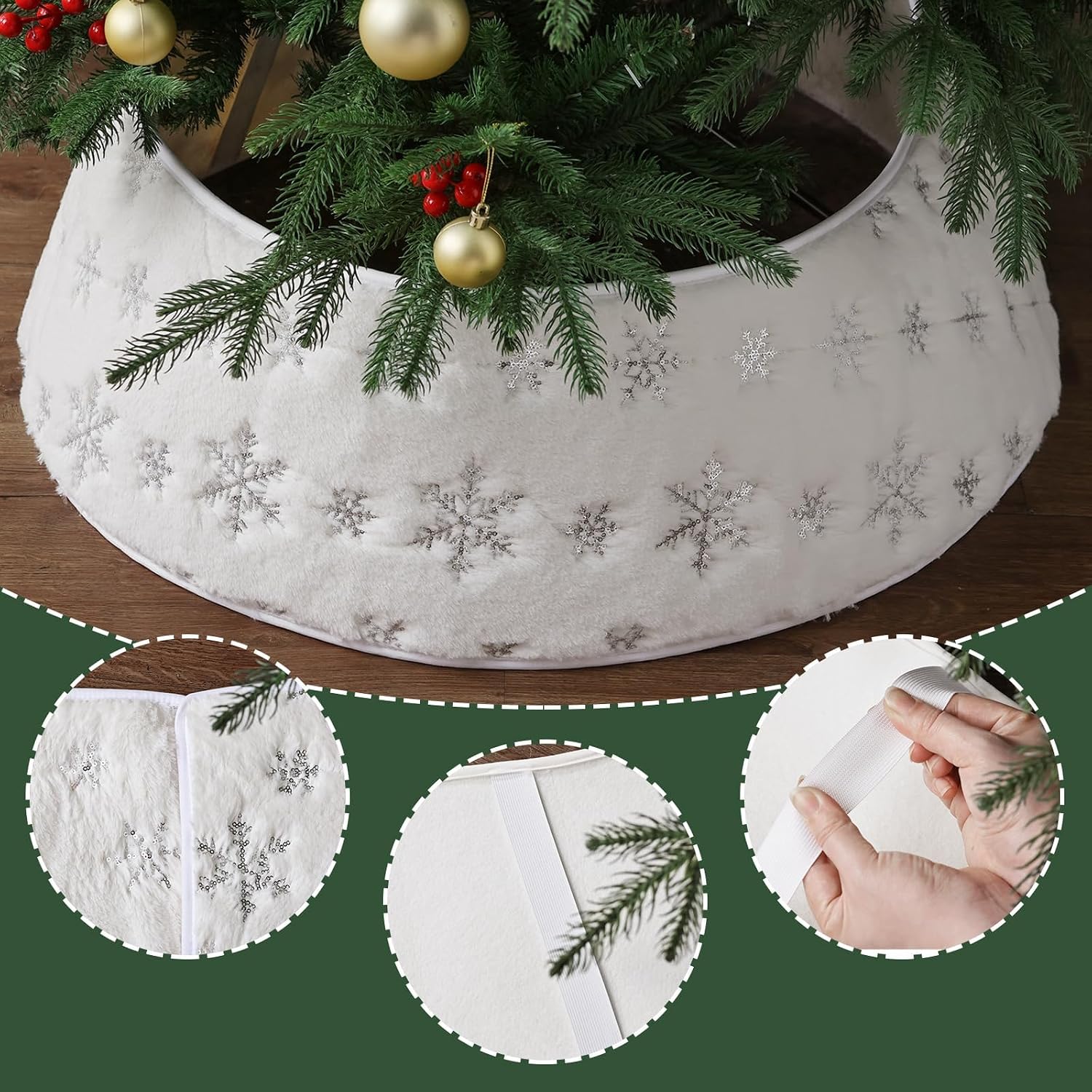 Faux Fur Christmas Tree Collar: Rustic White Luxury Plush Fur Christmas Tree Collars with Sliver Snowflake Sequins