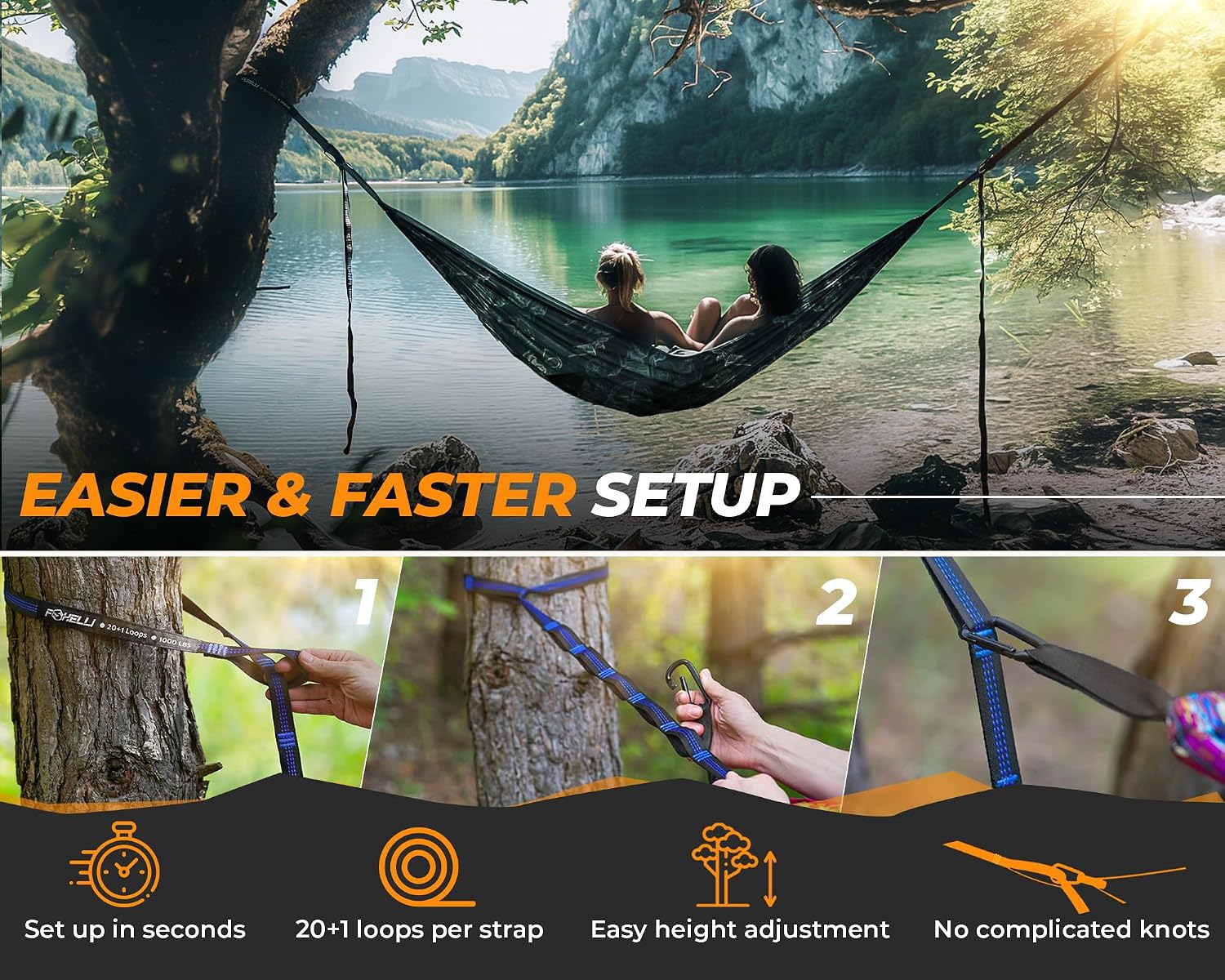 XL Hammock Straps - Extra Long 20FT Heavy Duty No-Stretch Suspension System, 40+2 Loops, 2000 LBS Capacity, for
