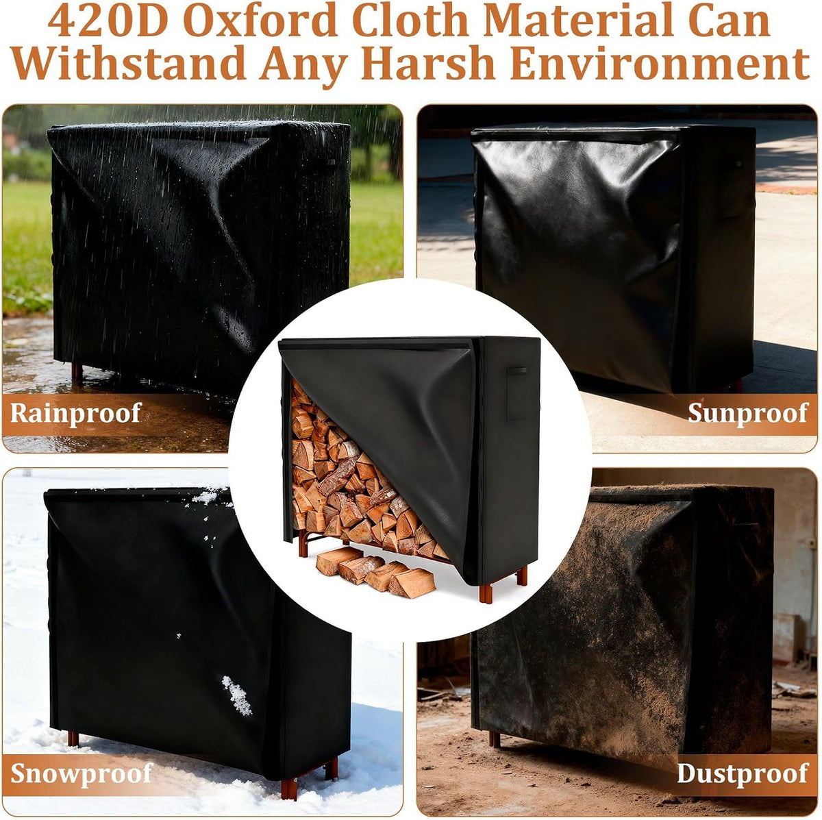 4FT Firewood Cover, Heavy Duty 420D Logs Store Rack Cover Waterproof Large Capacity, Outdoor and Indoor Wood Holder