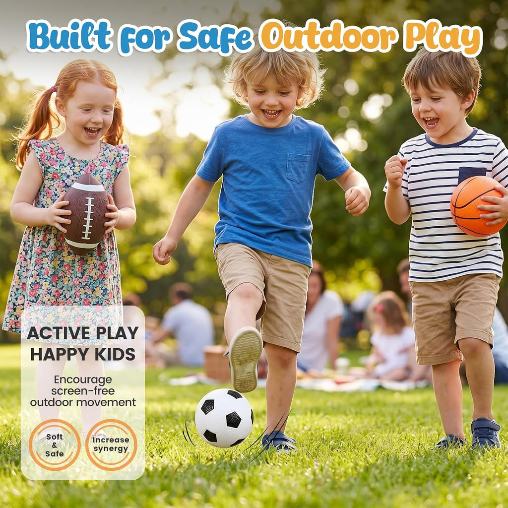 3-Pack Sports Balls, 5-Inch Soccer Ball, Basketball & 7 Inches Footballs for Toddlers 1-3, Adults, Party Favors for