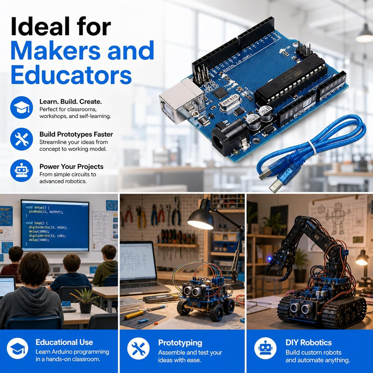 UNO R3 Board, ATmega328P, Includes USB Cable