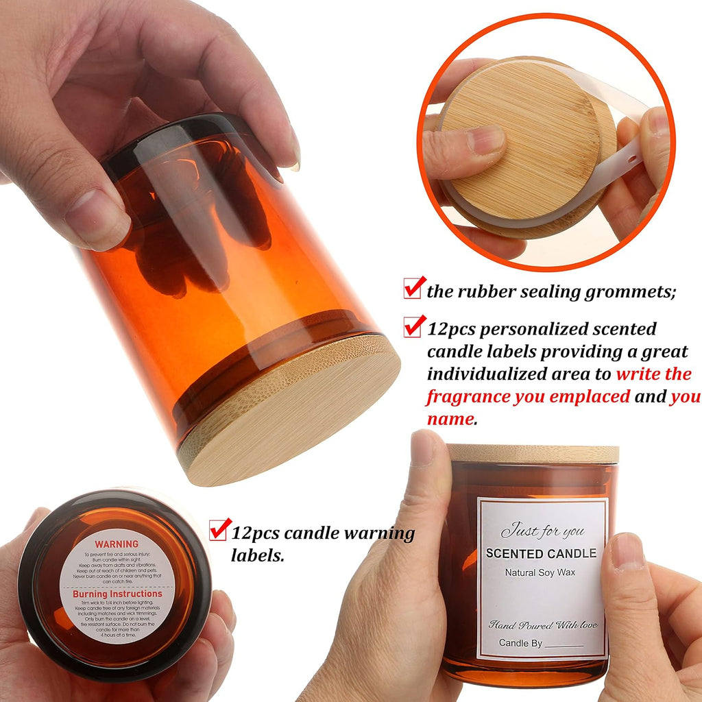 12 Pack 12 OZ Amber Glass Candle Jars with Lids and Candle Making Kits - Bulk Empty Candle Jars for Making Candles
