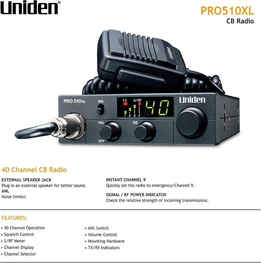 PRO510XL Pro Series 40-Channel CB Radio. Compact Design. Backlit LCD Display. Public Address. ANL Switch and 7 Watts