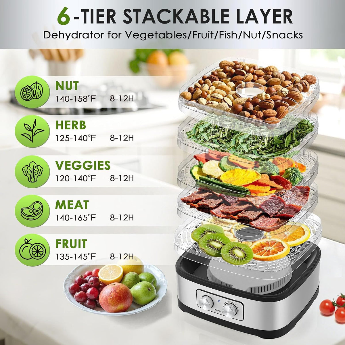 Food Dehydrator, 5 BPA-Free Trays, Adjustable Temperature Control | Dehydrators for Jerky, Fruit, Herb & Dog Treats