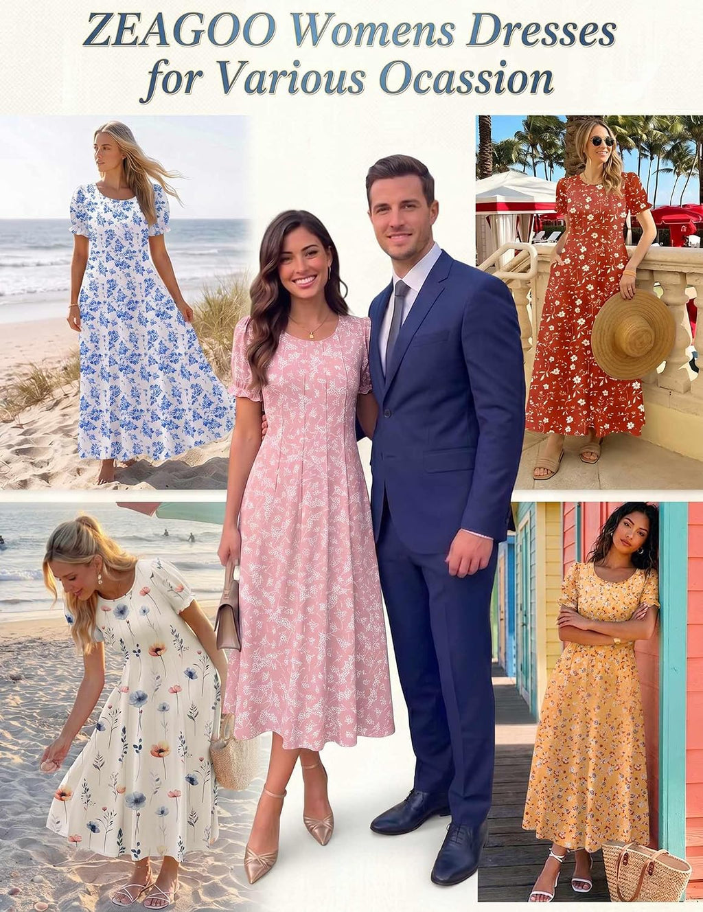 Womens Summer Dress Casual Midi Dresses 2026 Short Puff Sleeve Flare Dress Pleated Flowy Sundress with Pockets