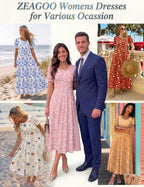 Womens Summer Dress Casual Midi Dresses 2026 Short Puff Sleeve Flare Dress Pleated Flowy Sundress with Pockets