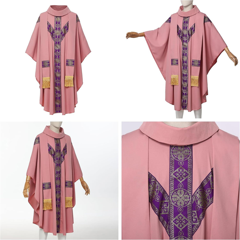 Clergy Elegance Church Vestments for Catholic Priests Chasuble Mass Apparel and Round Collar Robe With Pastor Stole