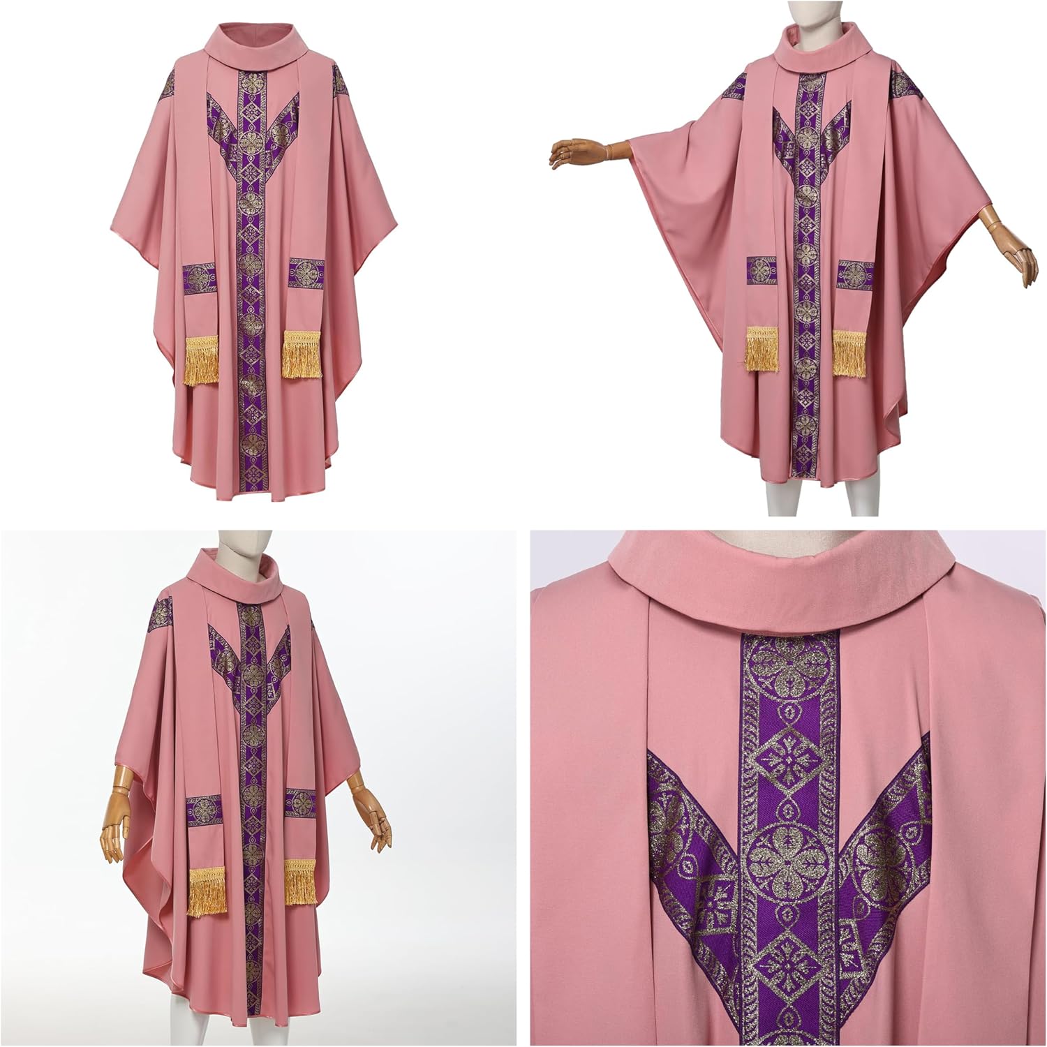 Clergy Elegance Church Vestments for Catholic Priests Chasuble Mass Apparel and Round Collar Robe With Pastor Stole