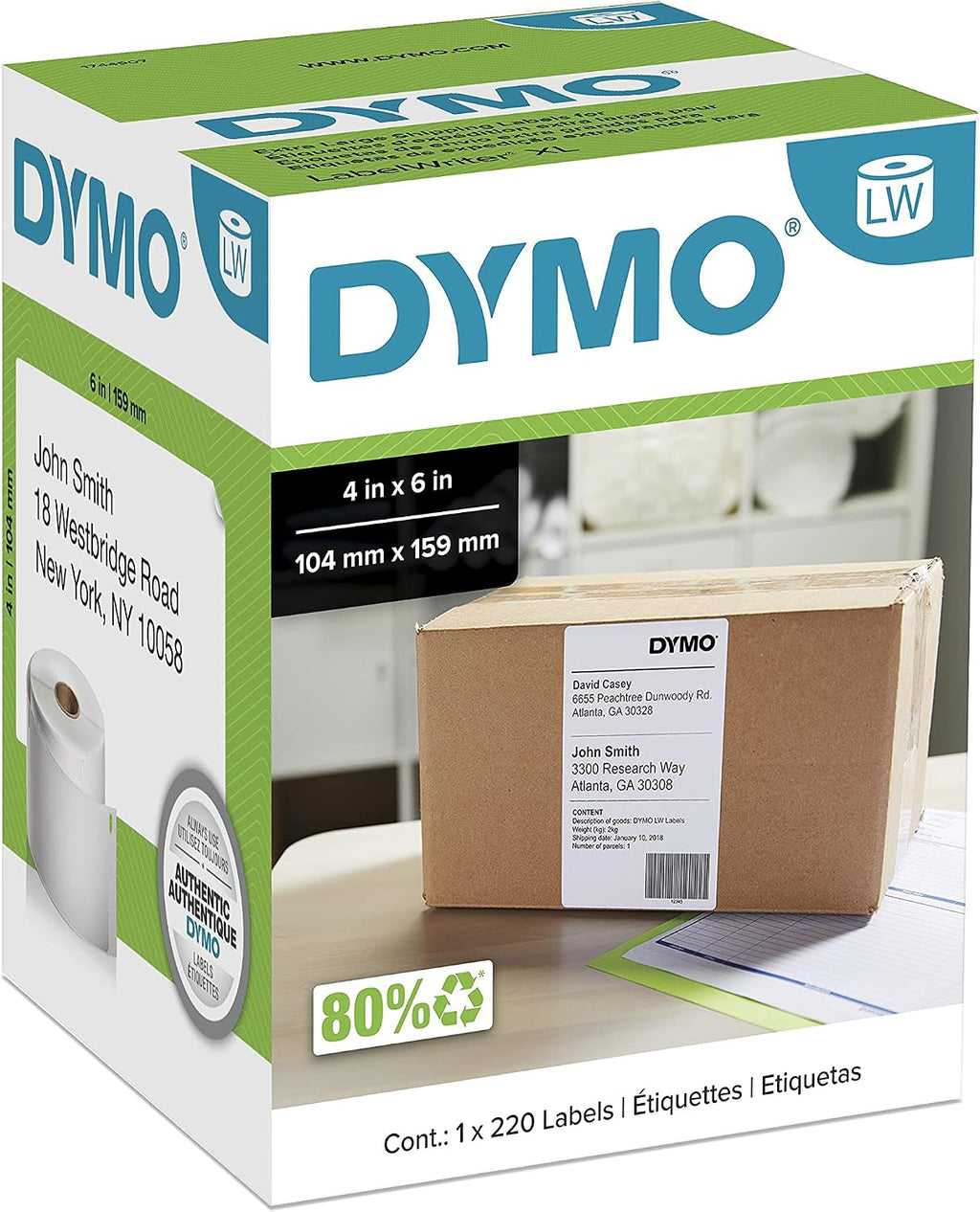 Authentic LW Extra-Large Shipping Labels, for LabelWriter 5XL and 4XL Label Printers Only, 4" x 6", White, 1 Roll of 220