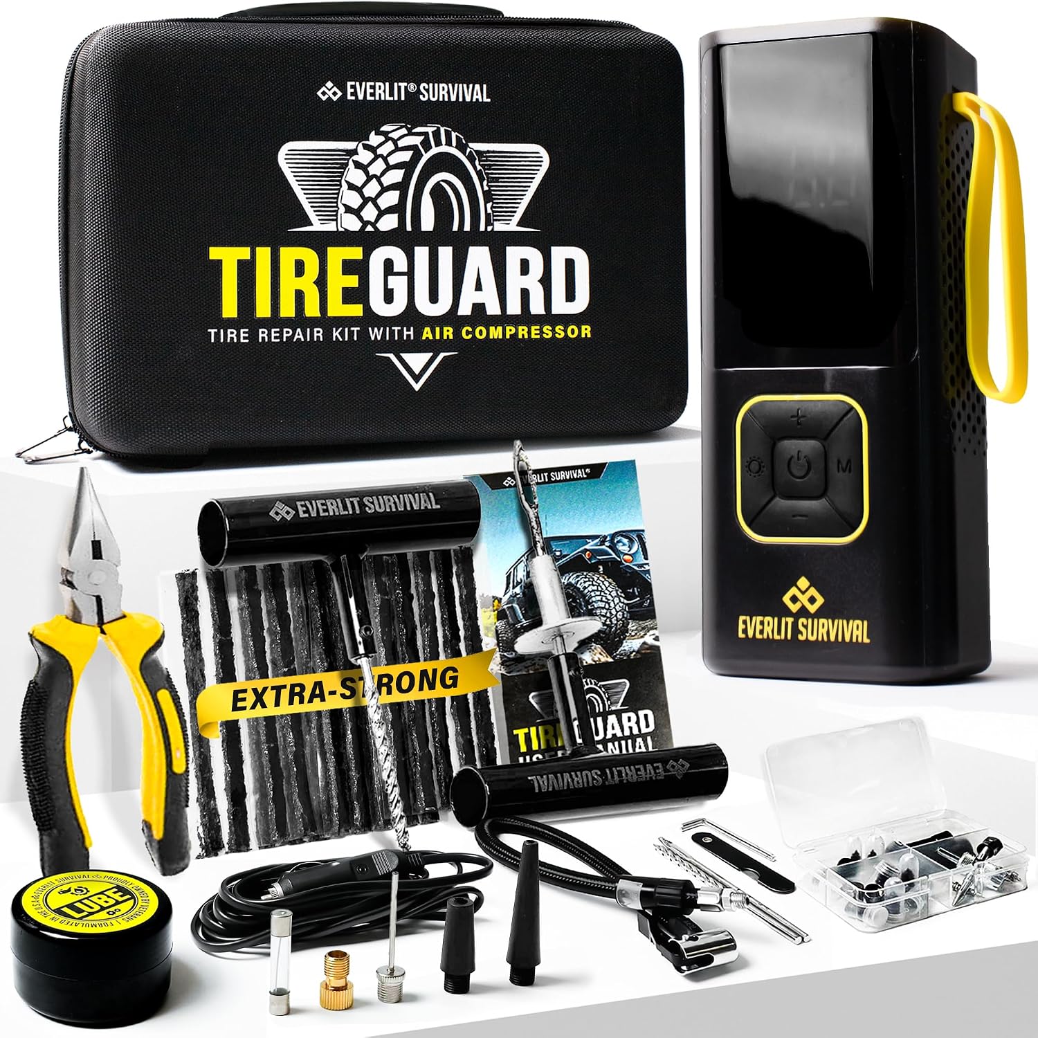 All-in-One Tire Repair Kit with Air Compressor – 150 PSI Portable Cordless Tire Inflator & Plug Kit – Flat Tire