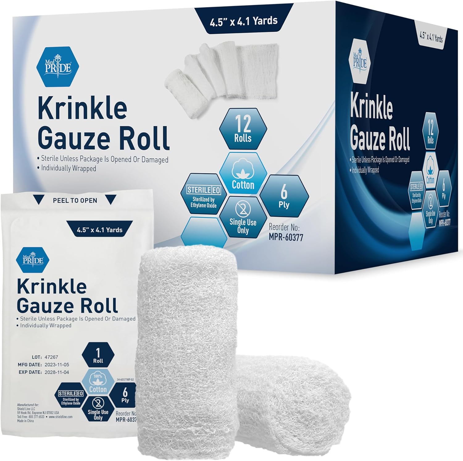 Sterile Krinkle Gauze Roll 4.5in X 4.1yd 6 Ply Highly Absorbent Cotton Roll Gauze Individually Wrapped Wound Dressing