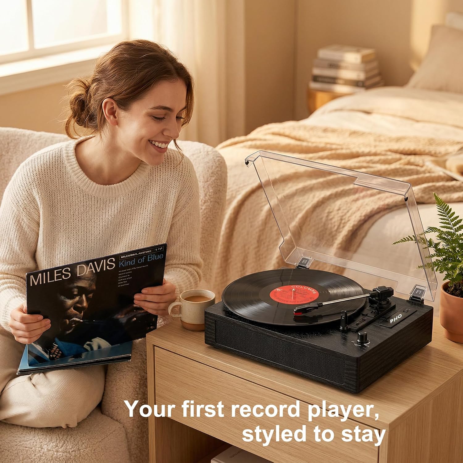 Vinyl Record Player with Bluetooth, 3-Speed Belt-Drive Turntable with Built-in Speakers, Easy Setup for Beginners