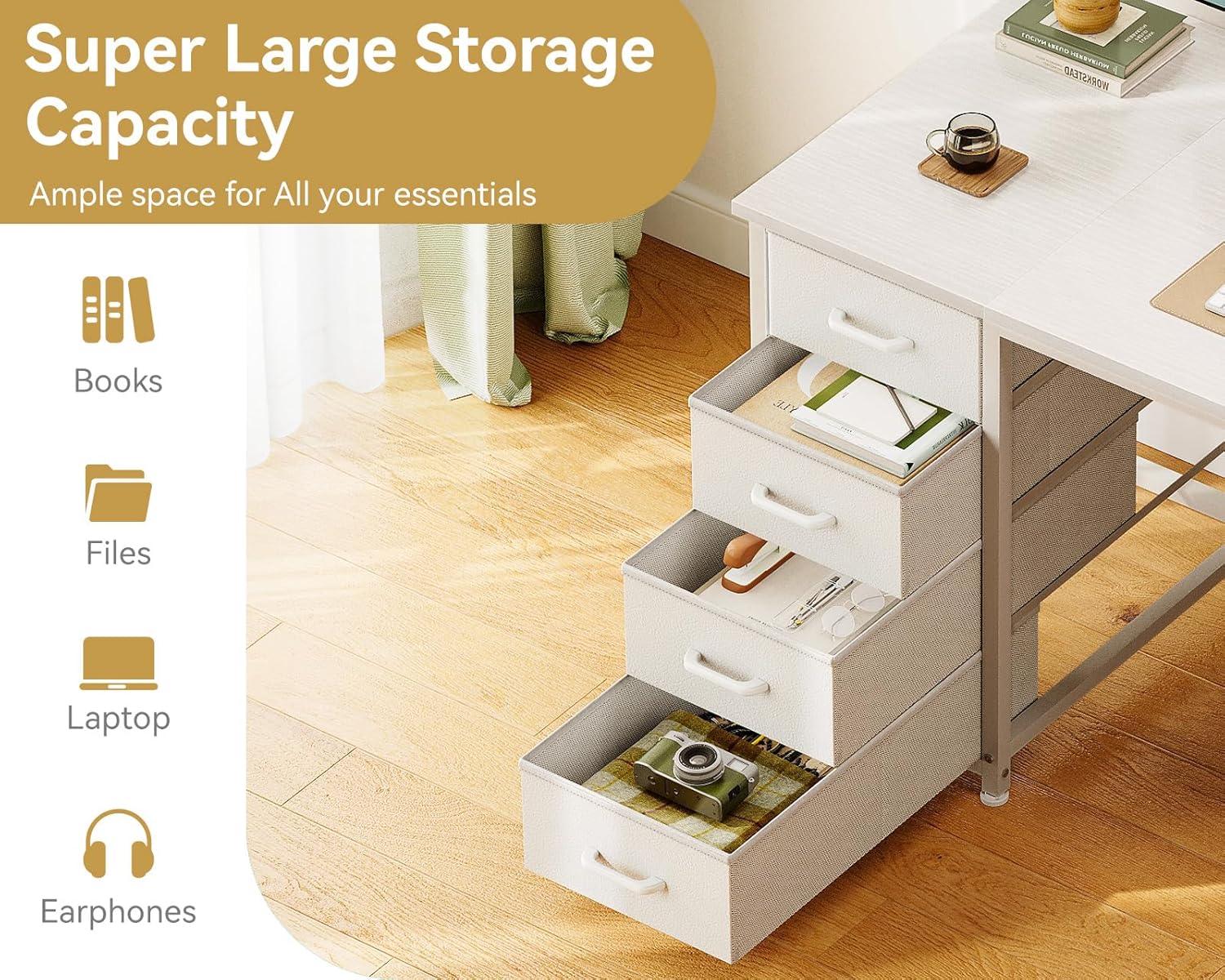 48 Inch White Computer Desk with 8 Fabric Drawers, Modern Office Desk with Large Storage for Home Office, Study
