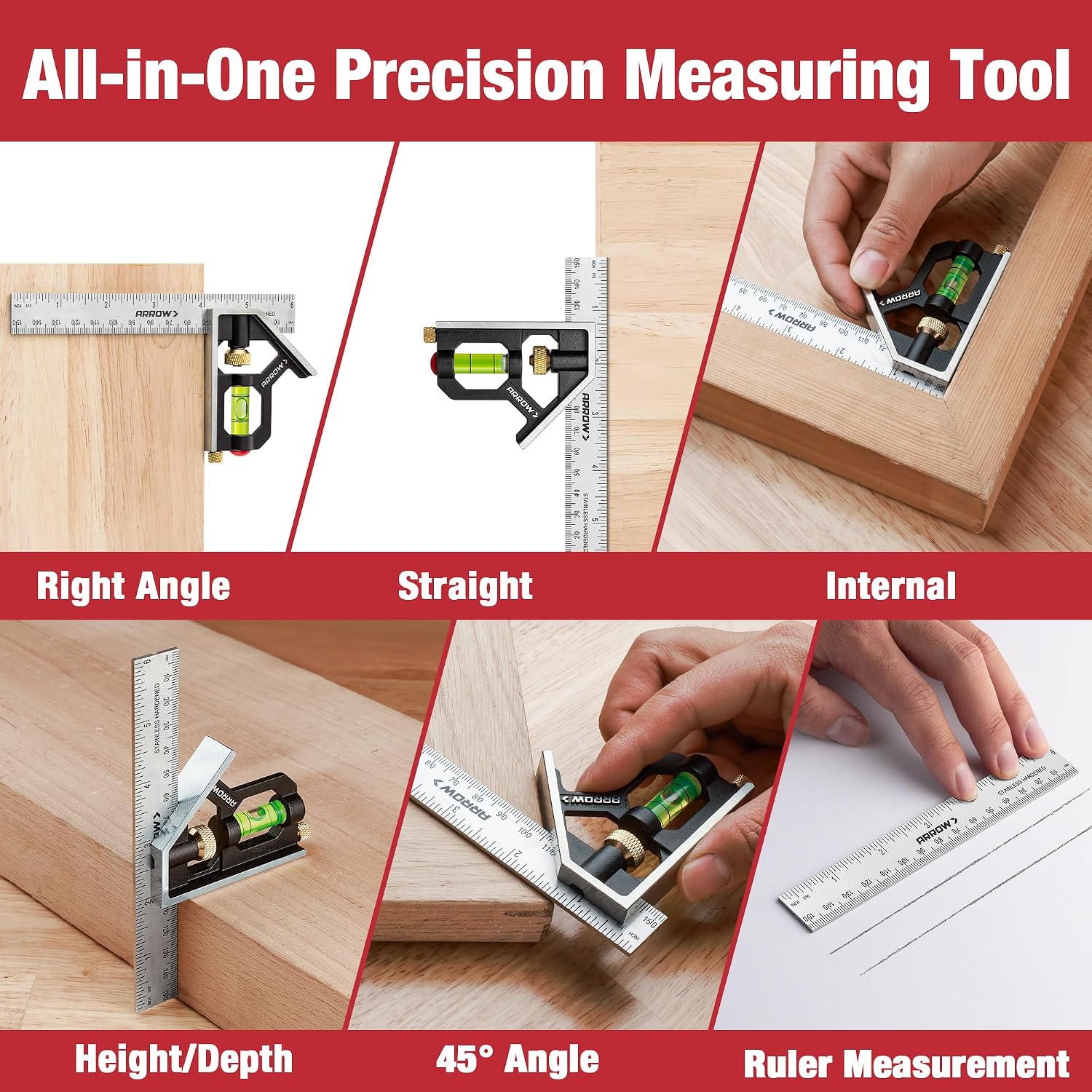 Arrow Combination Square, 6-Inch Combo Square with Bubble Level | Stainless Steel Ruler, Zinc Alloy Body, Carpenter