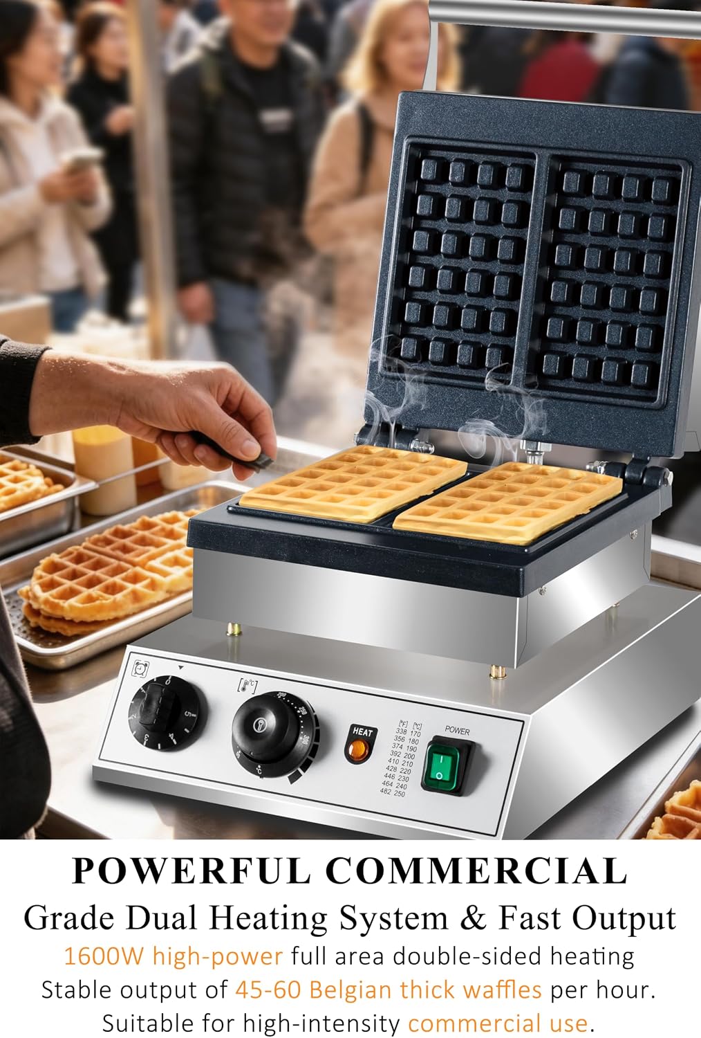 1600W Commercial 2-Slice Rectangular Belgian Waffle Maker