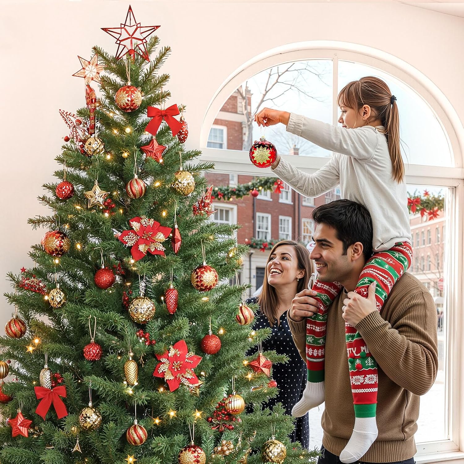 128pcs Christmas Balls Ornaments Set, Red and Gold | Shatterproof Plastic Baubles Christmas Flowers, Tree Topper &